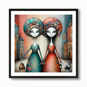 Two Women Holding Lanterns Art Print