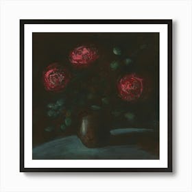 Three Red Roses - dark painting impressionism square floral flowers Anton Maliar brown black Art Print