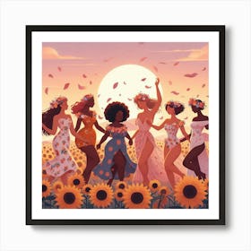 Women Dancing In The Sunflower Field Art Print