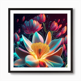 Silhouette of a fluorescent magnolia flower 8 Art Print