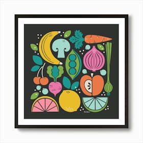 Fruits And Veggies - Black Art Print