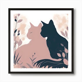 Silhouettes Of Cats In The Garden, Pastel Colors Art Print