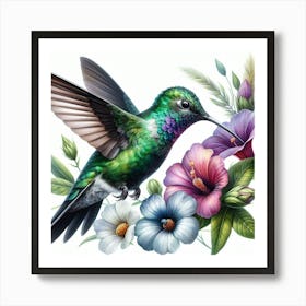 Nectar Sipper: A Realistic Watercolor Painting of a Hummingbird with Vibrant Colors and Textures Art Print