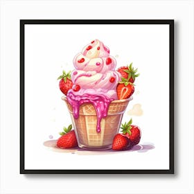 Cold Ice Cream Cone Strawberry Art Print