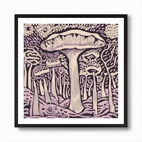 Mushroom Woodcut Purple 10 Art Print