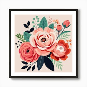 Pink Roses With Coral Anemones Art Print Art Print