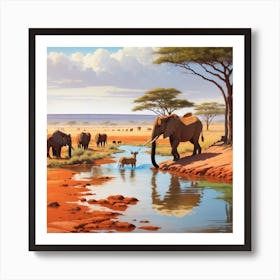 Elephants At A Watering Hole Art Print