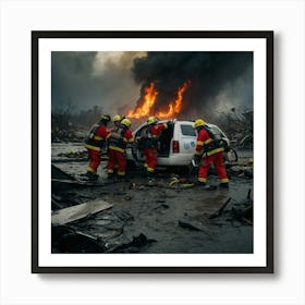 Firefighter Rescues A Car Art Print