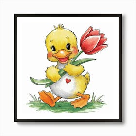 Duck With Tulip Art Print