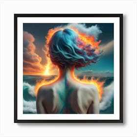 Girl With Blue Hair And Fire Art Print