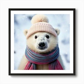 Firefly Playful, Endearing, Polar, Bear, Cub, Fluffy, White, Fur, Snowy, Backdrop, Knit, Cap, Scarf, (1) Art Print