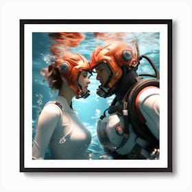 3d Dslr Photography Couples Inside Under The Sea Water Swimming Holding Each Other, Cyberpunk Art, By Krenz Cushart, Both Are Wearing A Futuristic Swimming With Helmet Suit Of Power Armor 6 Art Print
