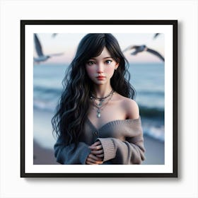 Asian Girl With Seagulls Art Print