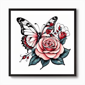 Butterfly And Roses 2 Art Print