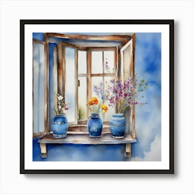 Blue wall. Open window. From inside an old-style room. Silver in the middle. There are several small pottery jars next to the window. There are flowers in the jars Spring oil colors. Wall painting.53 Art Print