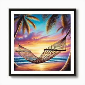 Beach Hammock Serenity Wall Print Art A Peaceful And Idyllic Scene Capturing The Relaxation Of Summer, Perfect For Bringing A Sense Of Calm And Escape To Any Space Art Print