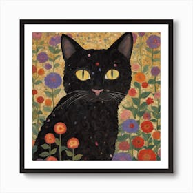 Black Cat In Flowers Art Print