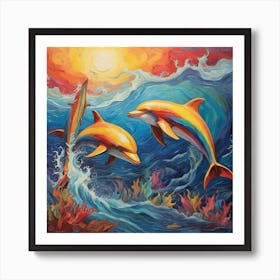 Van Gogh style, Rainbow dolphins Art Print