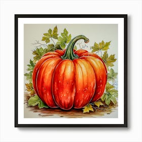 Autumn Harvest Pumpkin Art - Realistic Watercolor Fall Decor Art Print