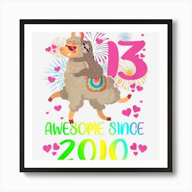 Kids 13 Year Old Sloth Riding Llama Since 2010 13th Birthday Girl Art Print