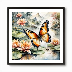 Watercolour Butterflies over Lilly Pond II Art Print