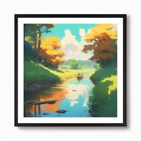 Peaceful Countryside River Acrylic Painting Trending On Pixiv Fanbox Palette Knife And Brush Stro (7) Art Print