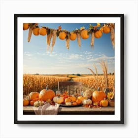 Autumnal Harvest Scene Capturing A Gourd Squash And Pumpkin Amongst A Field Of Corn Under A Cornfl (5) Art Print