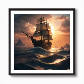 Sailing Ship At Sunset Affiche