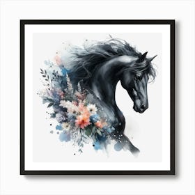 Black Horse With Flowers Art Print