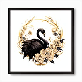 Black Swan With Roses Art Print