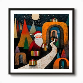 Whimsical Santa Claus Pathway Art Abstract Christmas Night With Gifts And Festive Trees Art Print