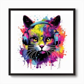 Cat With Headphones Art Print