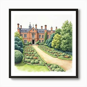 Watercolor Painting Of The Ashridge House In Hertfordshire, Highlighting Its Grand Architecture And Extensive Gardens Art Print