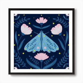 Moth and Flowers - blue and pink Art Print