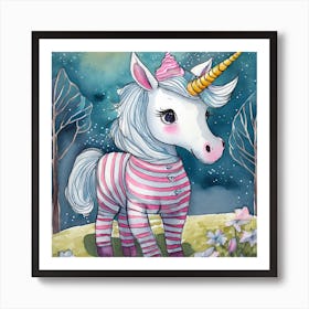 White Minature Unicorn In Striped Pajamas Art Print