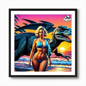 Woman In A Bikini Next To A Dragon Art Print