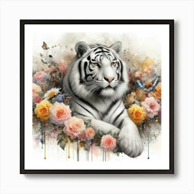 White Tiger With Flowers Art Print