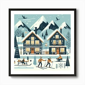 Scandinavian style, Mountains and snow and skiers Art Print