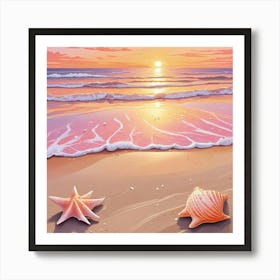 Sea Waves At Beach Ocean With Shells (2) Art Print