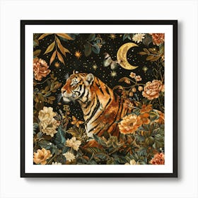 Vintage Boho Dark Academia Tiger in Night Flower Forest Under the Stars and Moon Art Print