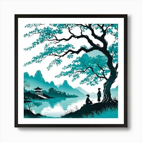 Chinese Landscape With Tree, Turquoise And Black Art Print