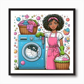 Cartoon African Woman With Washing Machine Art Print