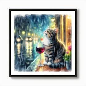 Cat Drinking Wine In The Rain 10 Art Print