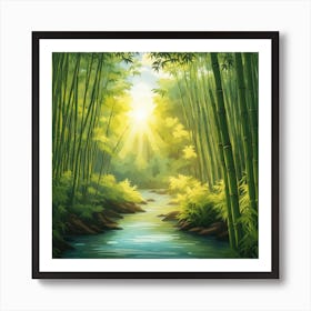 A Stream In A Bamboo Forest At Sun Rise Square Composition 80 Art Print