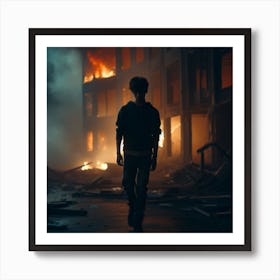 Man Walking Through A Burning Building Art Print