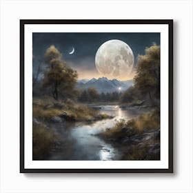 Full Moon Over A River 1 Art Print