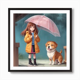 Girl And Dog In The Rain Art Print