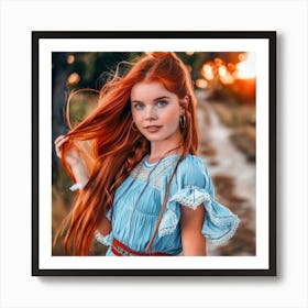 Red Haired Girl In Blue Dress Art Print