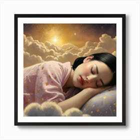 A photorealistic portrayal of a woman with shiny black bobbed hair, asleep on shimmering golden clouds. The sky around her is dotted with stars, each shaped like a Hello Kitty cat, casting a soft glow. Created Using: high-resolution detail, magical night sky, gold-tinted clouds, playful star designs, tranquil mood, soft glow effects, enchanted setting, clear focus --ar 16:9 --v 6.0 Art Print