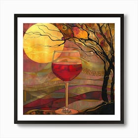 Art Nouveau Image Of A Glass Of Red Wine With A Sunset Art Print